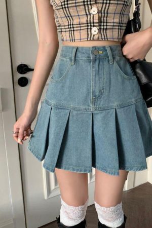 Style Core Aesthetics, New Style Trends - Soft Girl Pleated Denim Mini Skirt