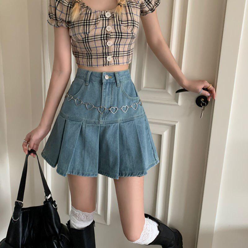Style Core Aesthetics, New Style Trends - Soft Girl Pleated Denim Mini Skirt
