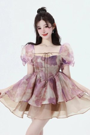 Style Core Aesthetics, New Style Trends - Soft Girl Puff Sleeve Layered Mini Dress