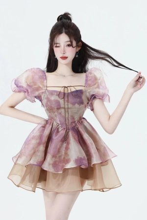Style Core Aesthetics, New Style Trends - Soft Girl Puff Sleeve Layered Mini Dress