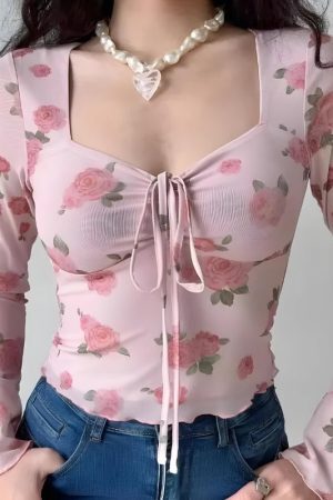 Style Core Aesthetics, New Style Trends - Soft Girl Rose Garden Mesh Top