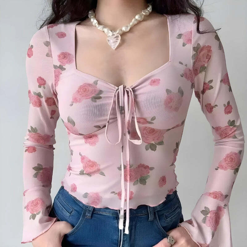 Style Core Aesthetics, New Style Trends - Soft Girl Rose Garden Mesh Top Style Core Aesthetics, New Style Trends - Soft Girl Rose Garden Mesh Top