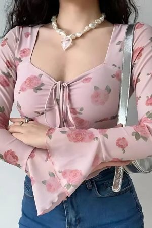 Style Core Aesthetics, New Style Trends - Soft Girl Rose Garden Mesh Top