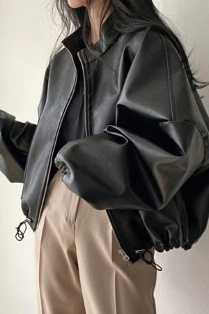 Style Core Aesthetics, New Style Trends - Solid Big Pocket Drawstring Collar Neck Leather Jacket