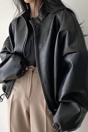 Style Core Aesthetics, New Style Trends - Solid Big Pocket Drawstring Collar Neck Leather Jacket