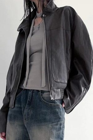 Style Core Aesthetics, New Style Trends - Solid Collar Neck Leather Motorcycle Jacket