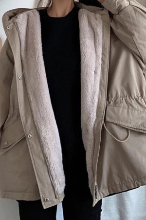 Style Core Aesthetics, New Style Trends - Solid Hooded Drawstring Flap Detail Jacket