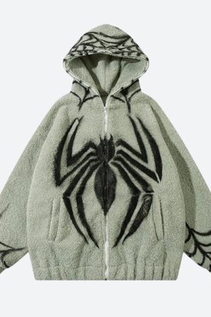 Style Core Aesthetics, New Style Trends - Spider Full Zip-Up Teddy Hoodie Jacket