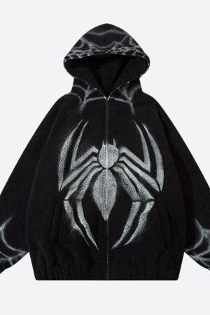 Style Core Aesthetics, New Style Trends - Spider Full Zip-Up Teddy Hoodie Jacket