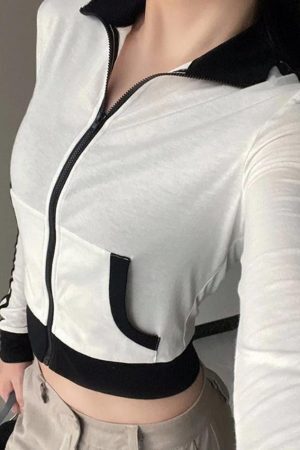 Style Core Aesthetics, New Style Trends - Sporty Contrast Color Collar Neck Thin Jacket