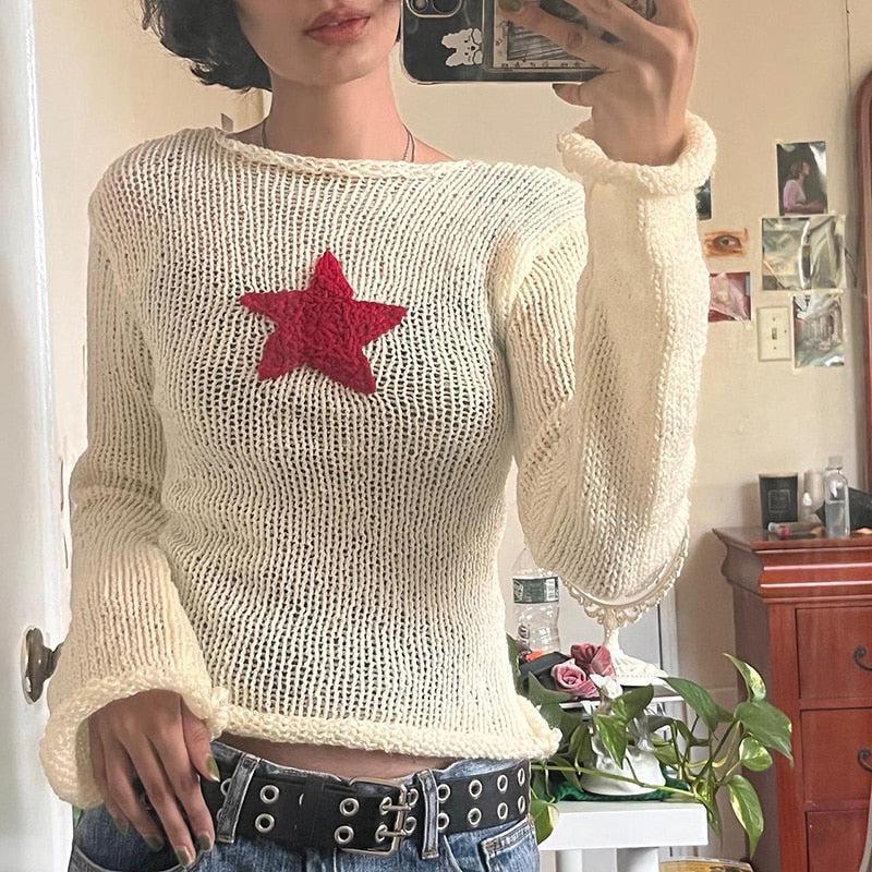 Style Core Aesthetics, New Style Trends - Star Embroidery Knitted Top Style Core Aesthetics, New Style Trends - Star Embroidery Knitted Top