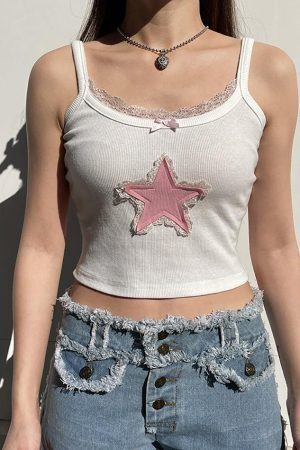 Style Core Aesthetics, New Style Trends - Star Print Lace Tank Top