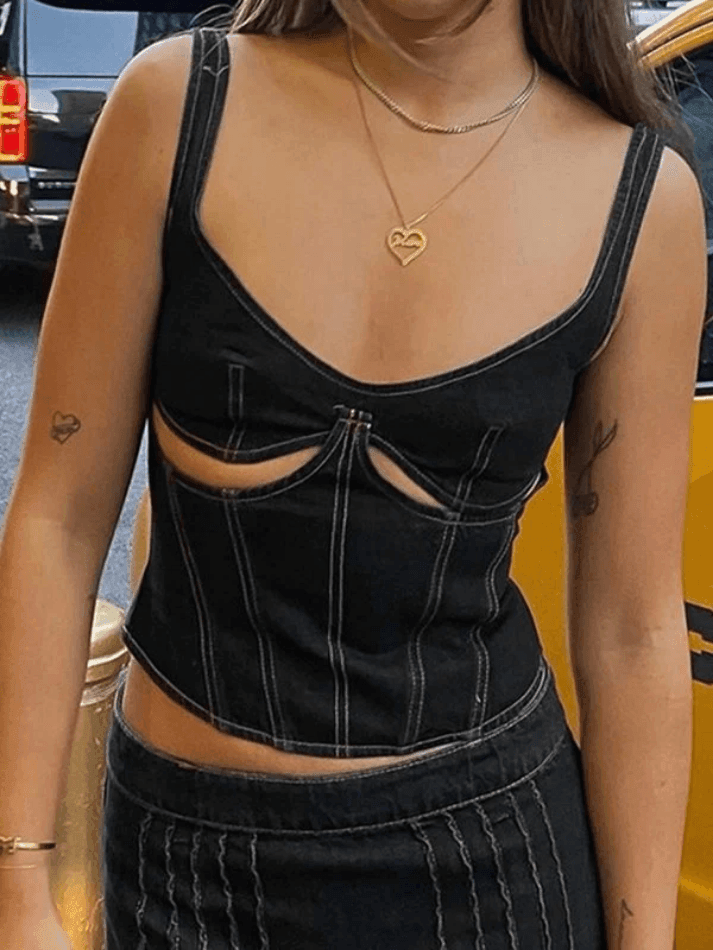 Style Core Aesthetics, New Style Trends - Stitched Detail Cutout Denim Cropped Tank Top Style Core Aesthetics, New Style Trends - Stitched Detail Cutout Denim Cropped Tank Top