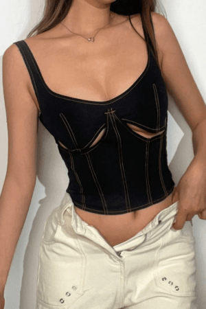 Style Core Aesthetics, New Style Trends - Stitched Detail Cutout Denim Cropped Tank Top