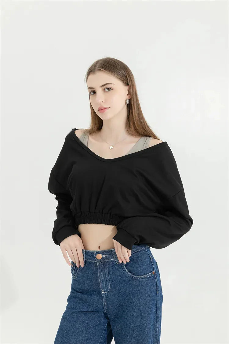 Style Core Aesthetics, New Style Trends - Strap Detailed Wide Neck Crop Sweatshirt