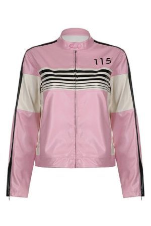 Style Core Aesthetics, New Style Trends - Striped Contrast Color Splice Leather Jacket