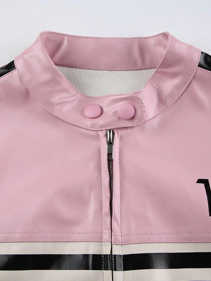 Style Core Aesthetics, New Style Trends - Striped Contrast Color Splice Leather Jacket Style Core Aesthetics, New Style Trends - Striped Contrast Color Splice Leather Jacket