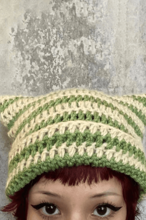 Style Core Aesthetics, New Style Trends - Striped Knit Hat with Handmade Horn Accent