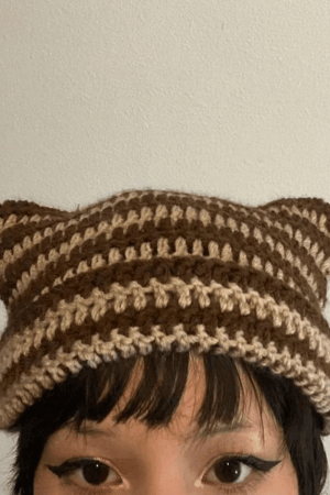 Style Core Aesthetics, New Style Trends - Striped Knit Hat with Handmade Horn Accent