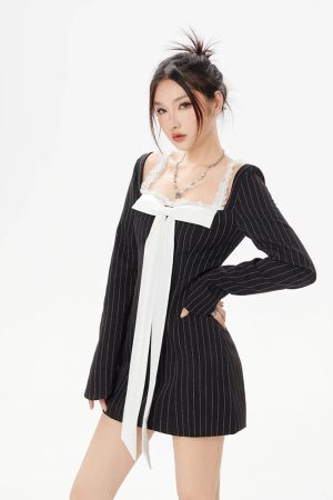 Style Core Aesthetics, New Style Trends - Striped Lace Strap Bow Mini Dress