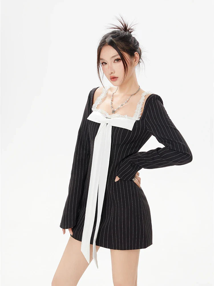 Style Core Aesthetics, New Style Trends - Striped Lace Strap Bow Mini Dress Style Core Aesthetics, New Style Trends - Striped Lace Strap Bow Mini Dress