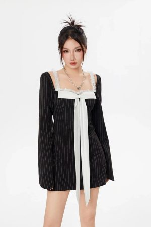 Style Core Aesthetics, New Style Trends - Striped Lace Strap Bow Mini Dress
