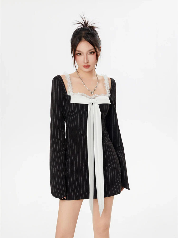 Style Core Aesthetics, New Style Trends - Striped Lace Strap Bow Mini Dress Style Core Aesthetics, New Style Trends - Striped Lace Strap Bow Mini Dress