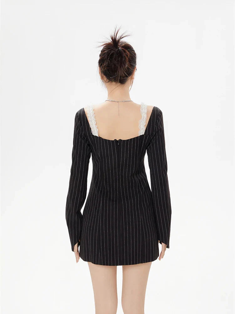 Style Core Aesthetics, New Style Trends - Striped Lace Strap Bow Mini Dress Style Core Aesthetics, New Style Trends - Striped Lace Strap Bow Mini Dress