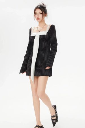Style Core Aesthetics, New Style Trends - Striped Lace Strap Bow Mini Dress