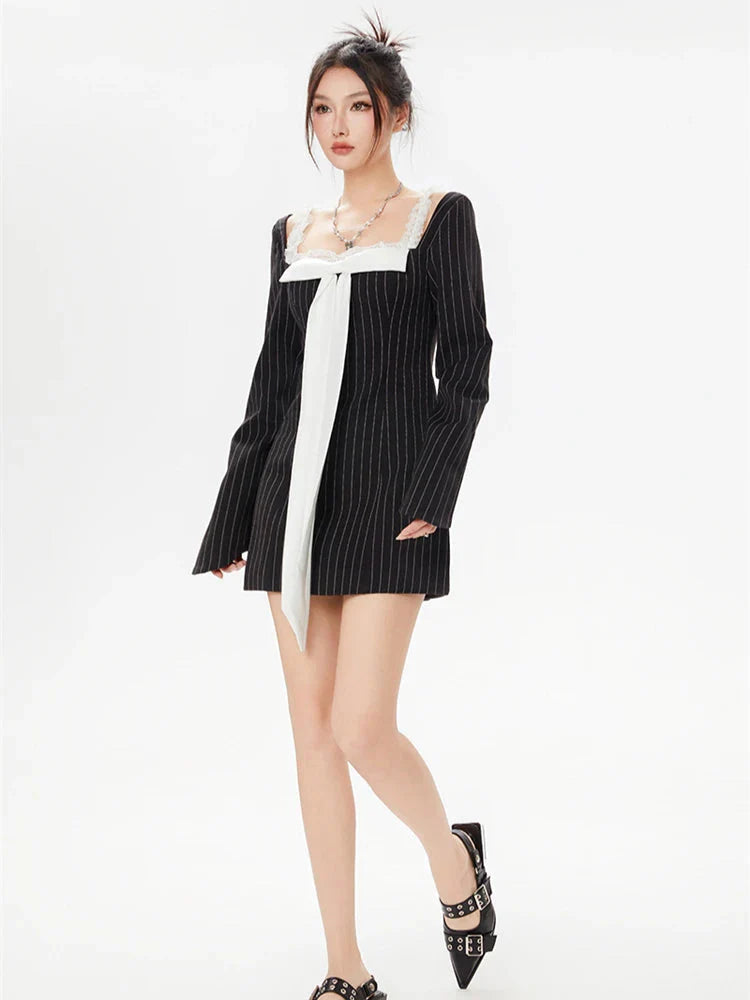 Style Core Aesthetics, New Style Trends - Striped Lace Strap Bow Mini Dress Style Core Aesthetics, New Style Trends - Striped Lace Strap Bow Mini Dress