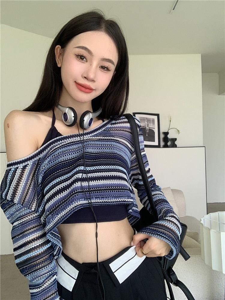 Style Core Aesthetics, New Style Trends - Striped Wide Neck Crop Sweater Style Core Aesthetics, New Style Trends - Striped Wide Neck Crop Sweater