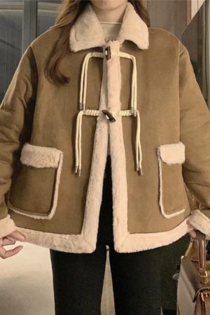 Style Core Aesthetics, New Style Trends - Suede Splice Horn Buckle Lapel Neck Jacket