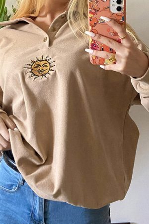 Style Core Aesthetics, New Style Trends - Sun Embroidery Button Up Sweatshirt