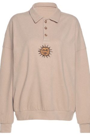 Style Core Aesthetics, New Style Trends - Sun Embroidery Button Up Sweatshirt