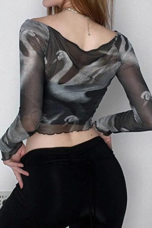 Style Core Aesthetics, New Style Trends - Swan Graphic Asymmetrical Mesh Top