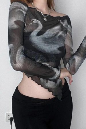 Style Core Aesthetics, New Style Trends - Swan Graphic Asymmetrical Mesh Top