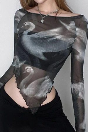 Style Core Aesthetics, New Style Trends - Swan Graphic Asymmetrical Mesh Top