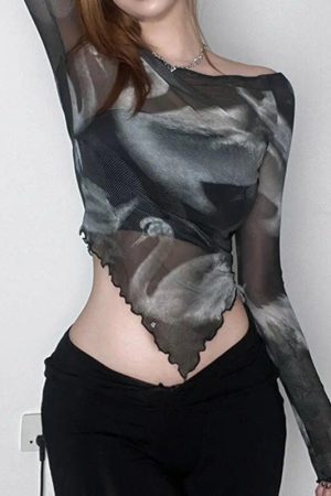 Style Core Aesthetics, New Style Trends - Swan Graphic Asymmetrical Mesh Top