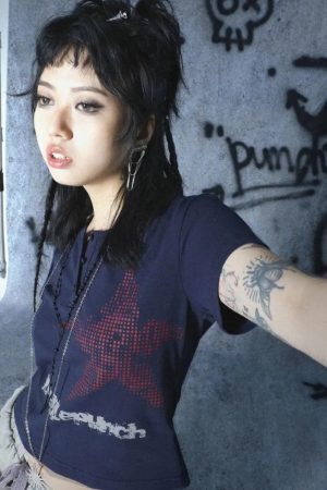 Style Core Aesthetics, New Style Trends - T-shirt Court Boutonné Y2K Grunge Étoile