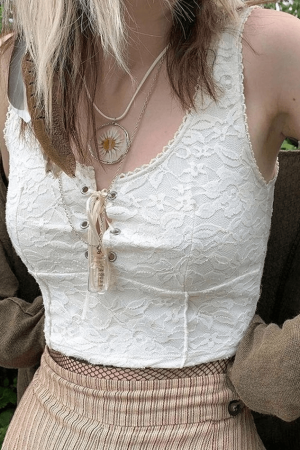 Style Core Aesthetics, New Style Trends - Tie Front Lace Crop Tank Top