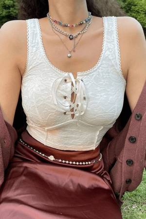 Style Core Aesthetics, New Style Trends - Tie Front Lace Crop Tank Top
