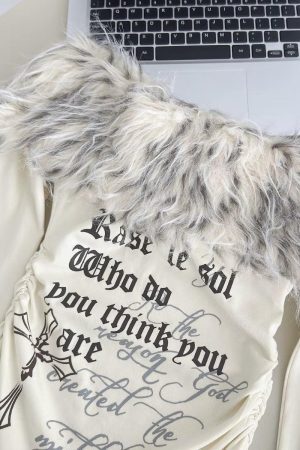 Style Core Aesthetics, New Style Trends - Top Épaules Dénudées Y2K Grunge à Col en Fausse Fourrure