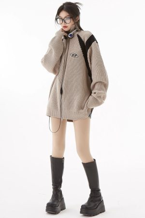 Style Core Aesthetics, New Style Trends - Turtleneck Zip-Up Loose Cardigan