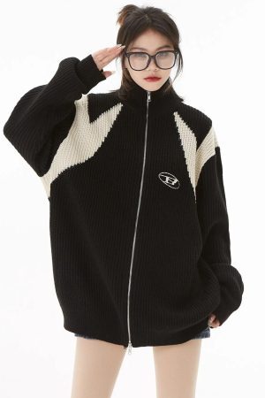 Style Core Aesthetics, New Style Trends - Turtleneck Zip-Up Loose Cardigan