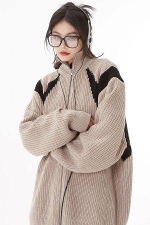 Style Core Aesthetics, New Style Trends - Turtleneck Zip-Up Loose Cardigan