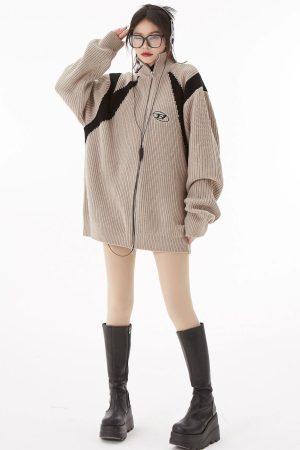 Style Core Aesthetics, New Style Trends - Turtleneck Zip-Up Loose Cardigan