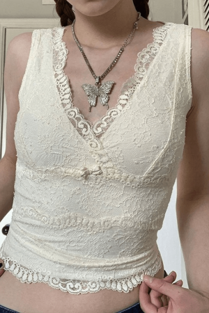 Style Core Aesthetics, New Style Trends - V Neck Lace Crop Tank Top