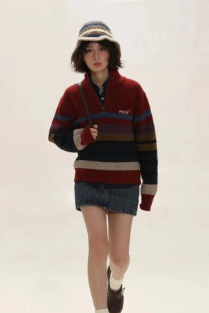 Style Core Aesthetics, New Style Trends - Vintage Aesthetic Knitted Zip Sweater