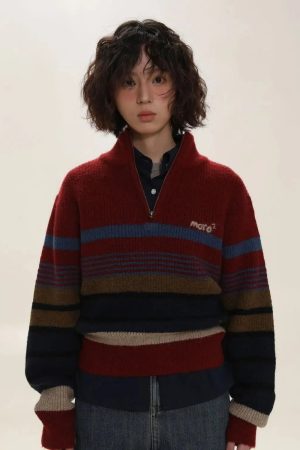 Style Core Aesthetics, New Style Trends - Vintage Aesthetic Knitted Zip Sweater