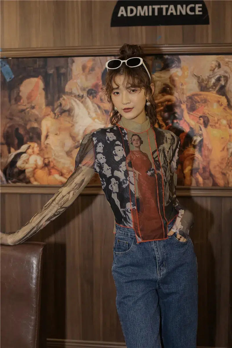 Style Core Aesthetics, New Style Trends - Vintage Asymmetric Patch Mesh Top